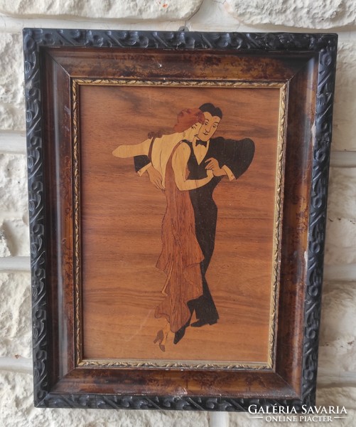 Intarzia kép keretben, táncoló pár, verseny táncosok,szép kidolgozás, kézimunka