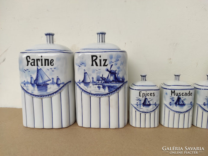 Antique Kitchen Tool Ship Windmill Motif Porcelain Kitchen Spice Set 5149