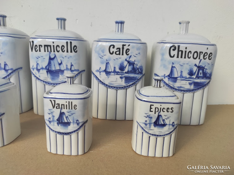 Antique Kitchen Tool Ship Windmill Motif Porcelain Kitchen Spice Set 5149