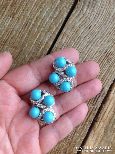 Silver clip earrings with zircon stones and turquoise beads