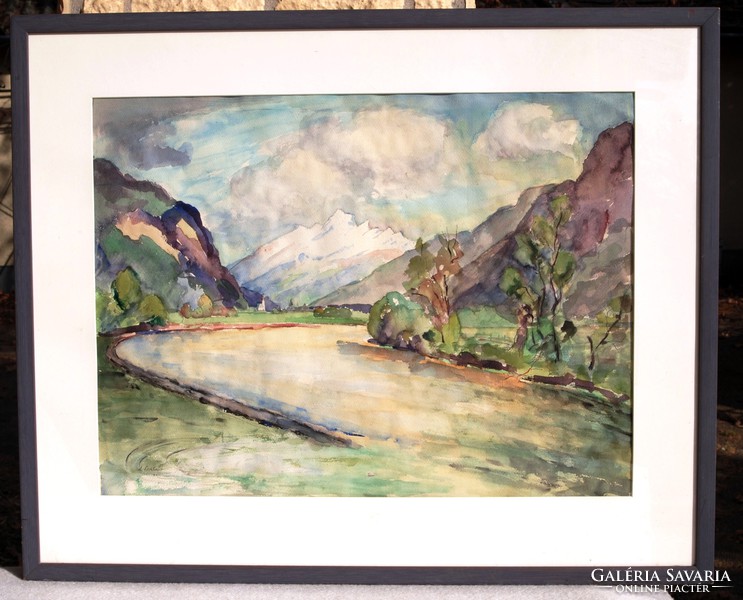 A. Lenhart: river in the mountains, 1941 - large watercolor, framed