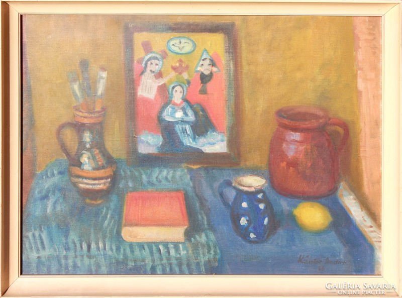 Kántor Andor (1901-1990): Csendélet szentképpel, 1978 - olaj-vászon festmény, eredeti keretében