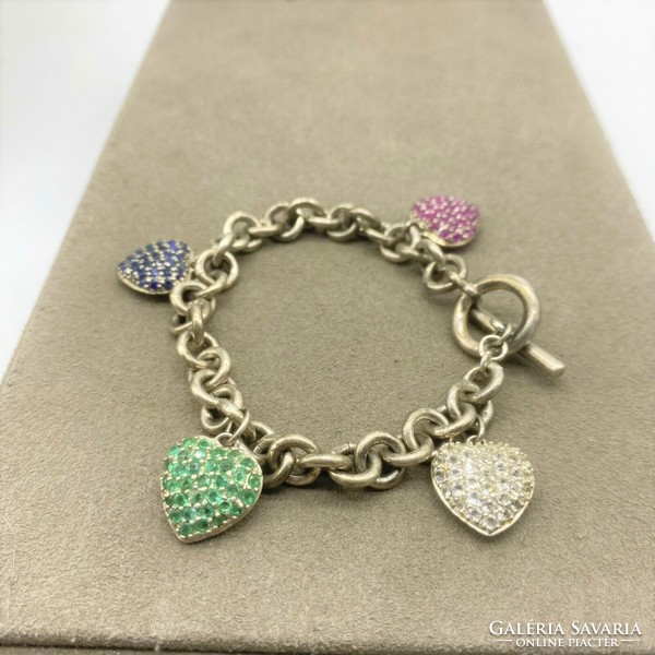 Silver bracelet with ruby-emerald-sapphire-zirconia hearts