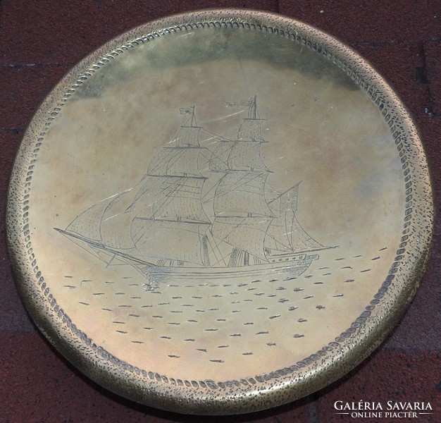 Serious large copper wall bowl: sailboat engraving