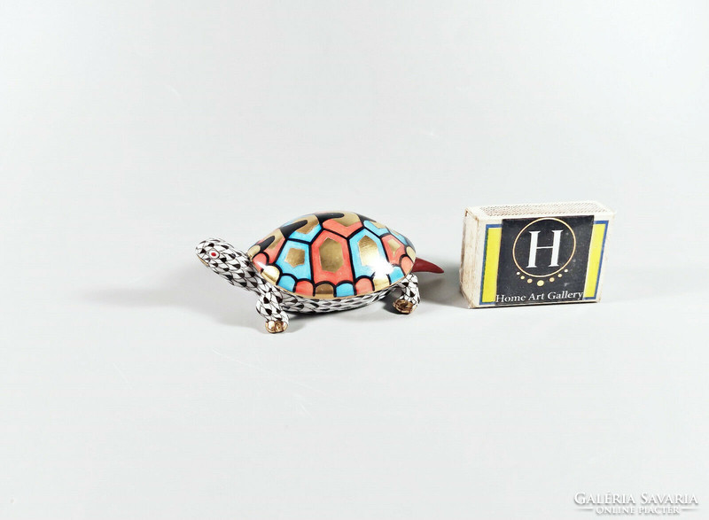 Herend, black fishing net (vhn) patterned turtle hand-painted porcelain figurine, flawless! (I044)