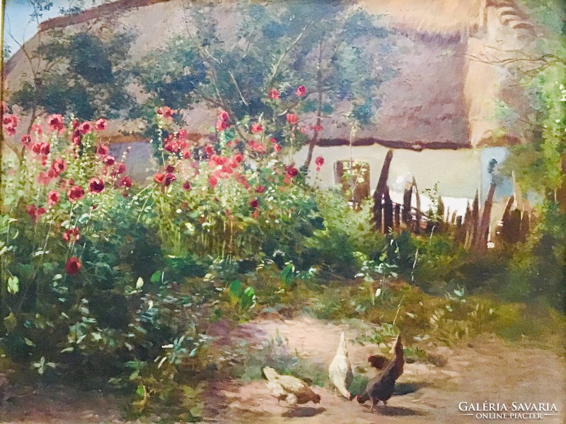 AGGHÁZY GYULA (1850-1919): Virágos udvar 38*48 cm