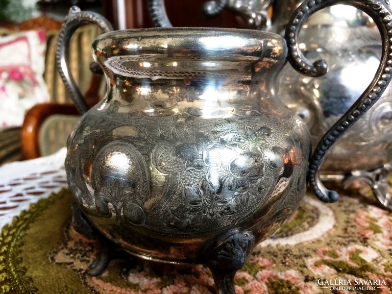 Antiques, collectibles, embossed, marked, silver-plated, tea or coffee pots and sugar containers