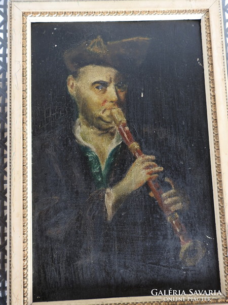 Antique oil painting: man playing the flute