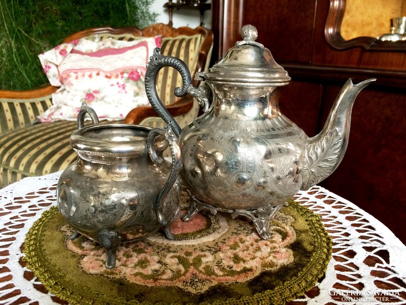 Antiques, collectibles, embossed, marked, silver-plated, tea or coffee pots and sugar containers