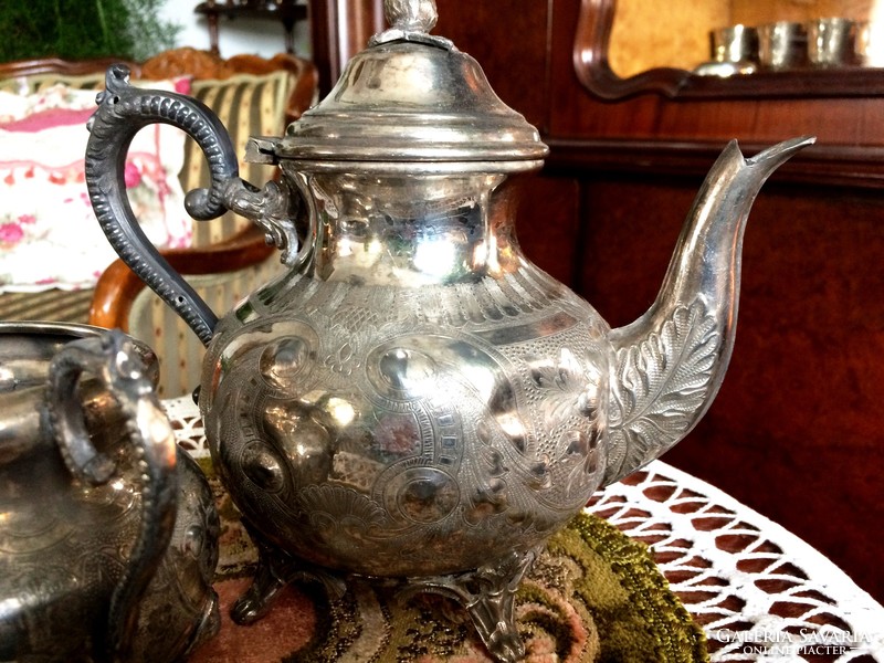 Antiques, collectibles, embossed, marked, silver-plated, tea or coffee pots and sugar containers