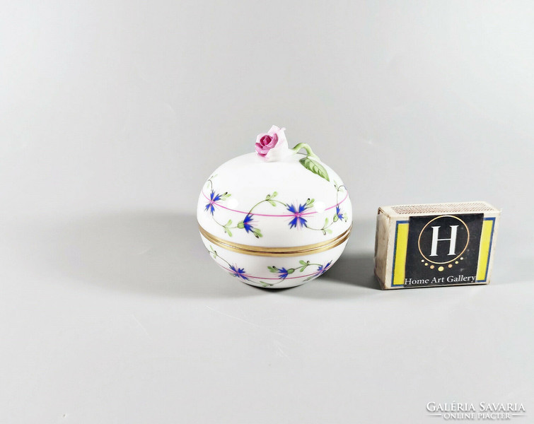 Herend, blue cornflower (PBG) pattern hand-painted box with rose top decoration, flawless! (I037)
