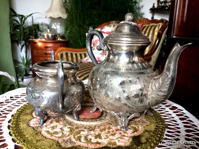 Antiques, collectibles, embossed, marked, silver-plated, tea or coffee pots and sugar containers