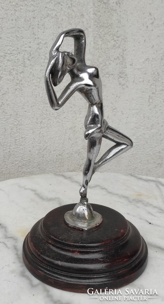 Art deco dancing lady statue on a wooden pedestal, chrome-plated