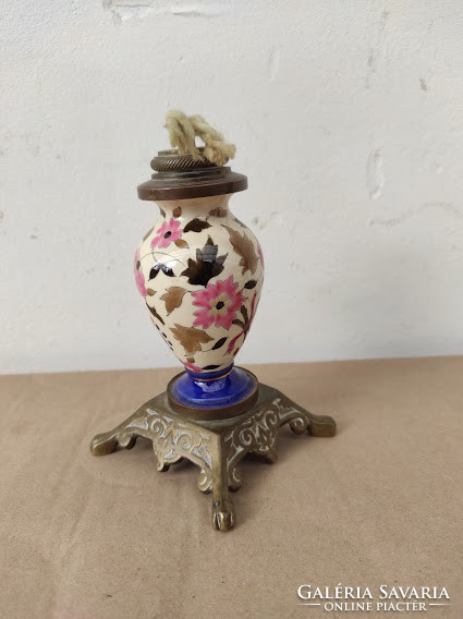 Antique small porcelain kerosene lamp with copper fittings 5021