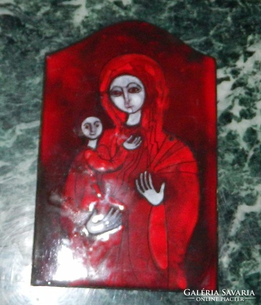 Petrilla istván fire enamel picture - virgin mary with jesus / mother