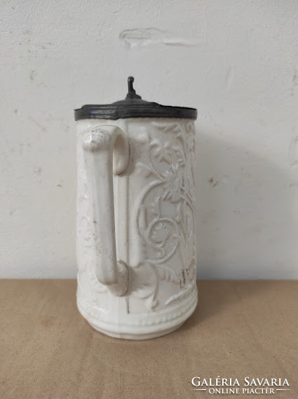 Antik konyhai eszköz fehér porcelán kancsó kanna ón fedővel 5017