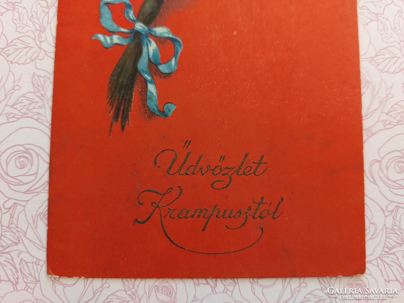 Old red postcard postcard Krampus virgács