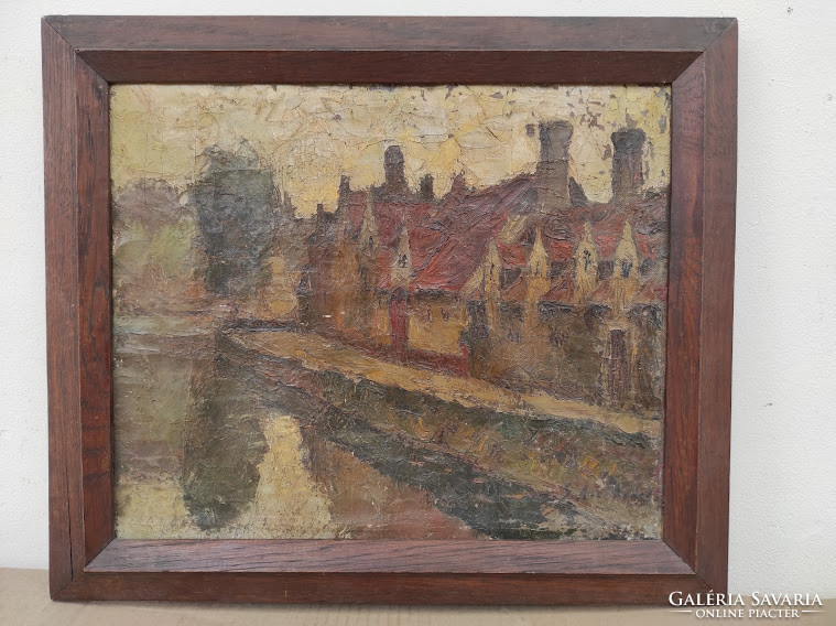 Antique landscape with flowing oil on canvas unreadable sign frame 4917