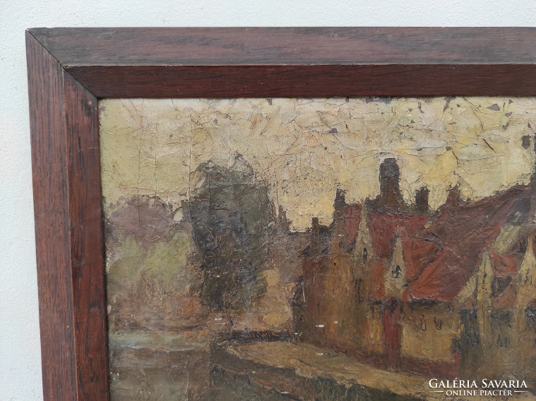 Antique landscape with flowing oil on canvas unreadable sign frame 4917