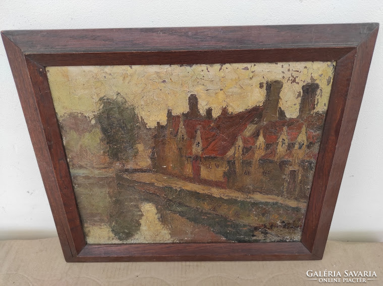 Antique landscape with flowing oil on canvas unreadable sign frame 4917