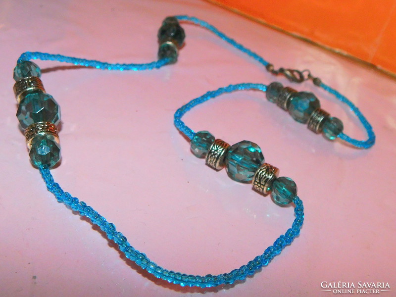 Turquoise blue glass beaded crystal tibetan silver vintage necklace