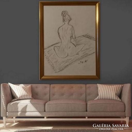 Kata Szabó:"female nude"charcoal drawing on watercolor paper,with golden wooden frame, 40x30, signed