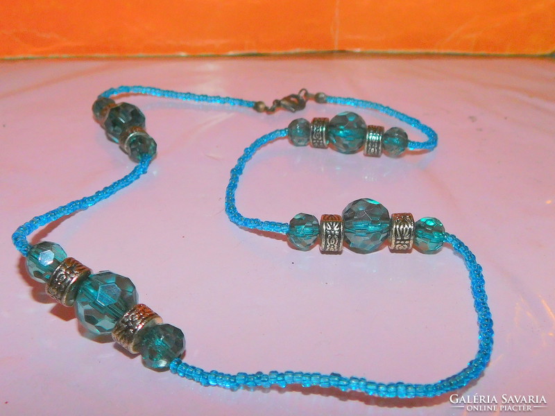 Türkiz Kék Üveg Gyöngyös-Kristályos Tibeti Ezüst Vintage Nyaklánc