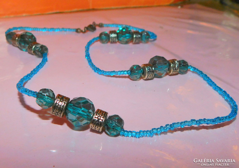 Turquoise blue glass beaded crystal tibetan silver vintage necklace