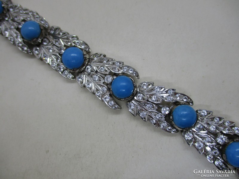 Beautiful old silver bracelet with turquoise porcelain stones and white tiny zirconia