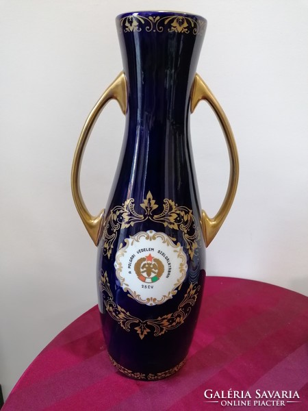 Hollóházi "Polgári Védelem Szolgálatában 25 év" kobaltkék váza