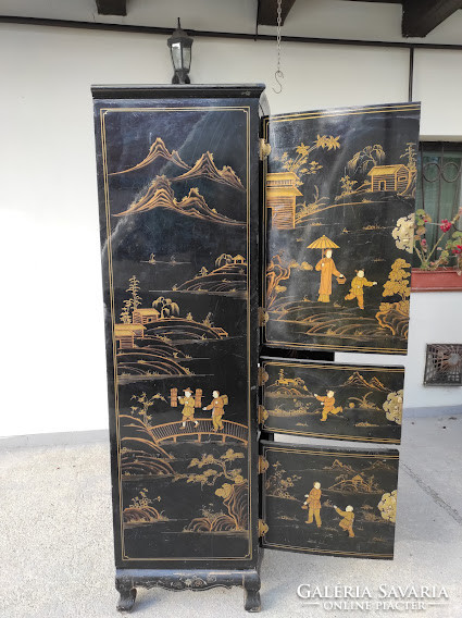 Antique Chinese gold painted black lacquer cabinet 5101