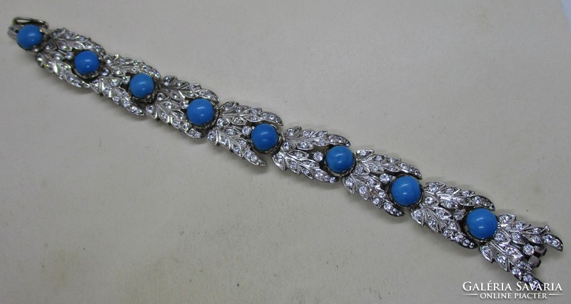 Beautiful old silver bracelet with turquoise porcelain stones and white tiny zirconia