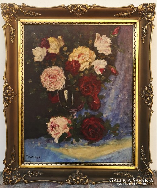 Ilnitzky J. (XX. század elején működött) Virágcsendélet festménye 1930 körül Eredeti Garanciával