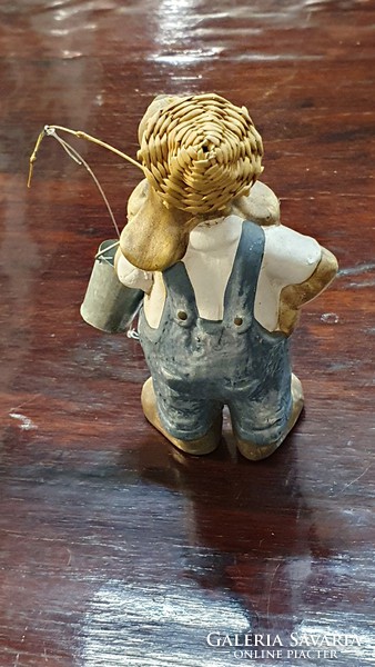 Decor figure. Big-eared fishing dog. In a straw hat, with a fishing rod and a bucket. 13 cm High.