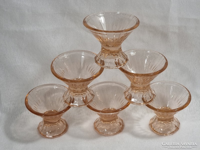 Set of 6 glass pink snaps / brandy glasses with polished decoration, xx. Second half.
