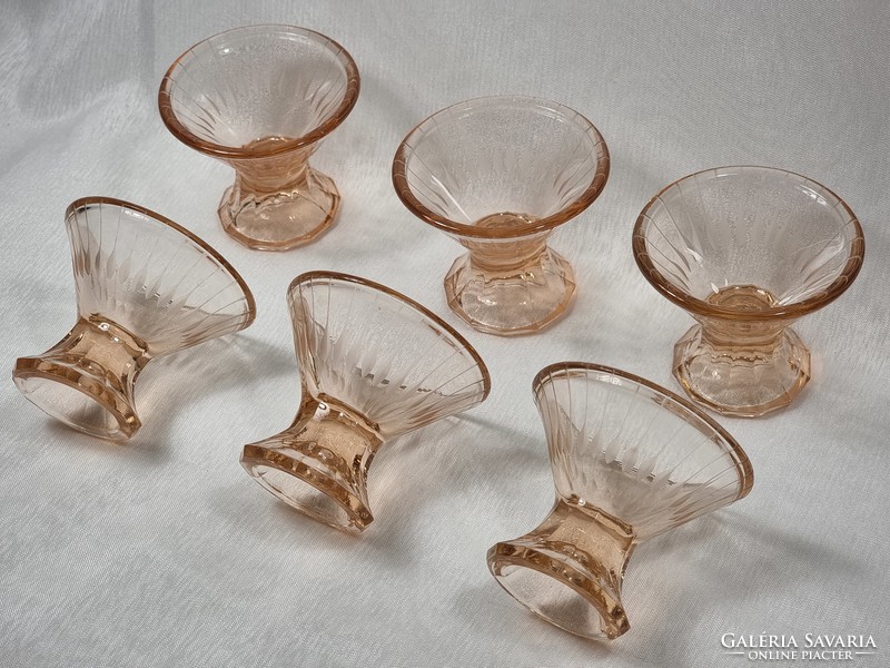 Set of 6 glass pink snaps / brandy glasses with polished decoration, xx. Second half.