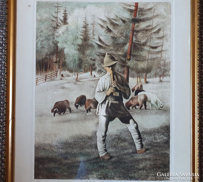 Dudás Jenő (1900 - 1991) színezett rézkarc. Pásztorfiú című kép.
