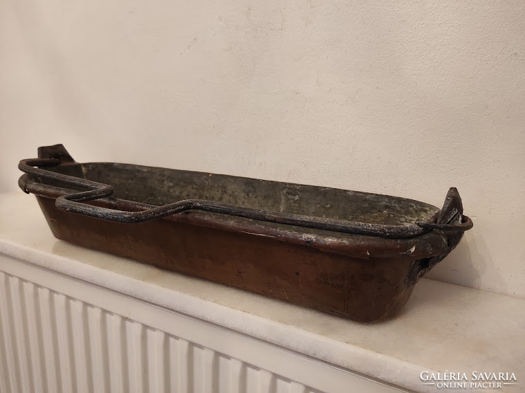 Antique Large Patinated Copper Long Roe Dish with Iron Handles Kitchen Tool Decoration 945 4927