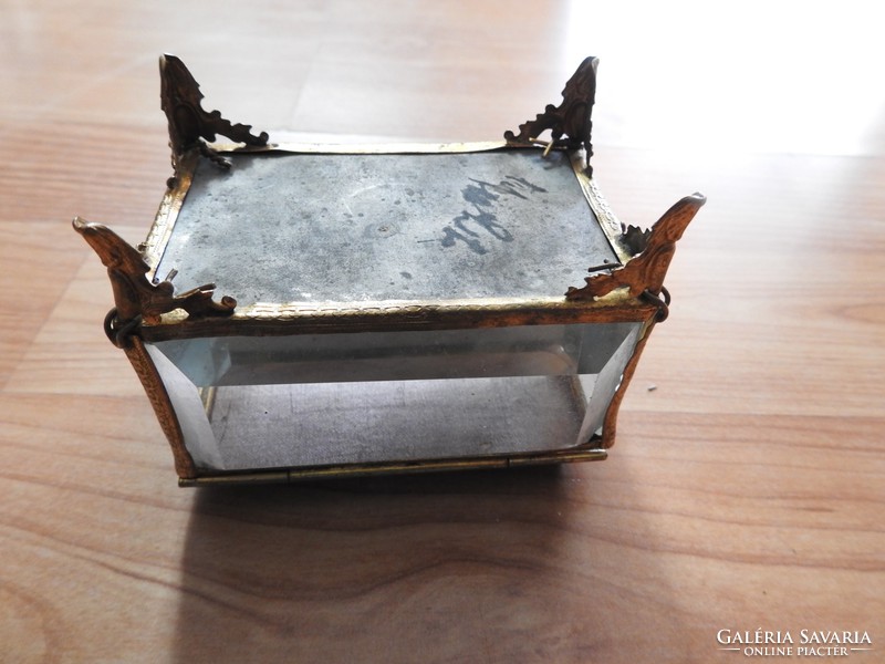 Antique brushed glass copper jewelry box with old landscape