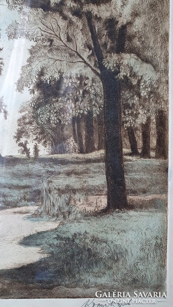 Gyula Komját-wanyerka: colored etching on paper. Forest road, c. Picture.
