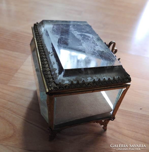 Antique brushed glass copper jewelry box with old landscape