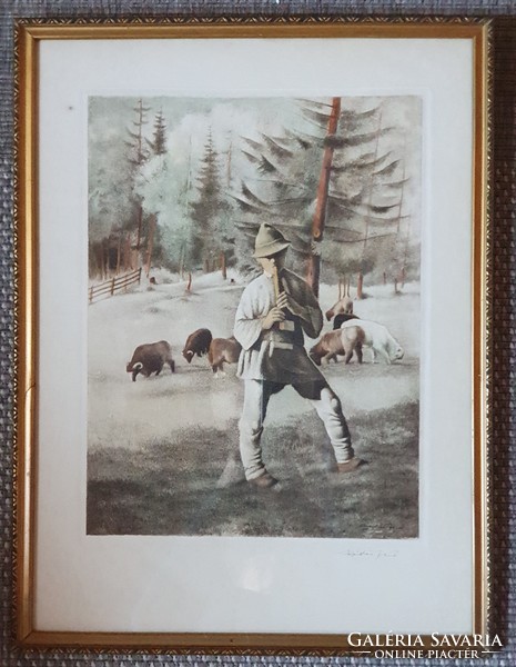 Jenő Dudás (1900 - 1991) colored etching. Picture of a shepherd boy.