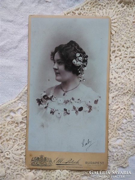 Antique large hardback cabinet photo of lady with garland, elbl and pietsch budapest circa 1900