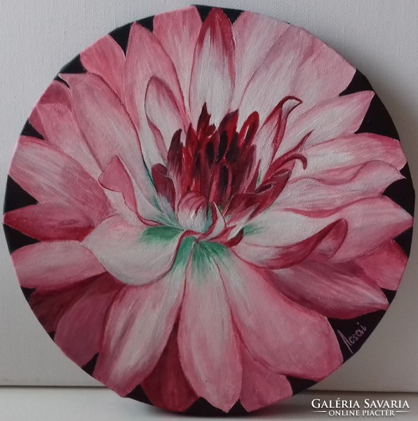 Dahlia with burgundy wind painting - round still life