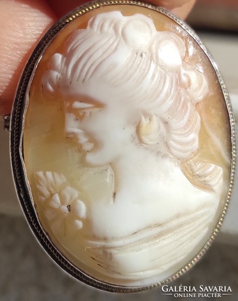 Kame, kame, cameo, silver frame pendant, brooch, badge