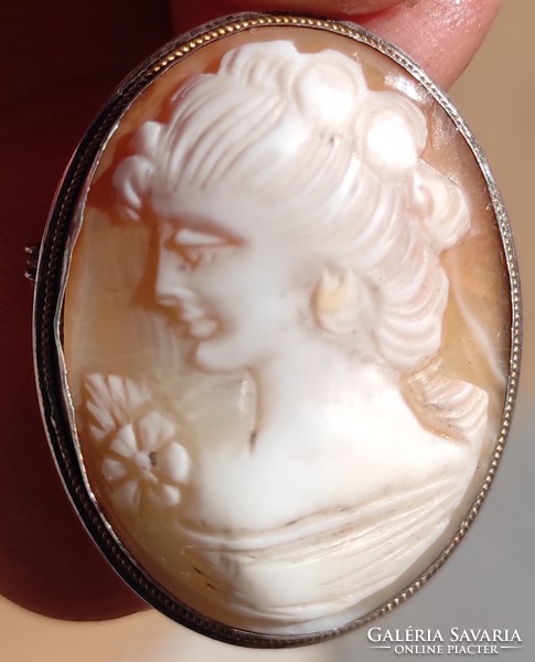 Kame, kame, cameo, silver frame pendant, brooch, badge