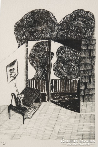 László Kósza Sipos (1943-1989): in time (innerhalb der zeit), 1982 - unique ink drawing, framed