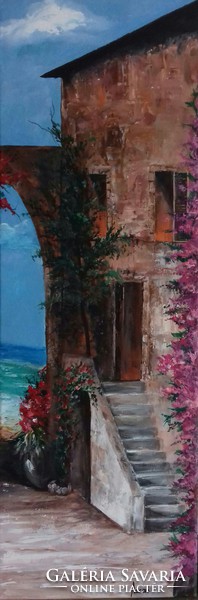 Painting of a Mediterranean Street Scene - 3-Part Landscape