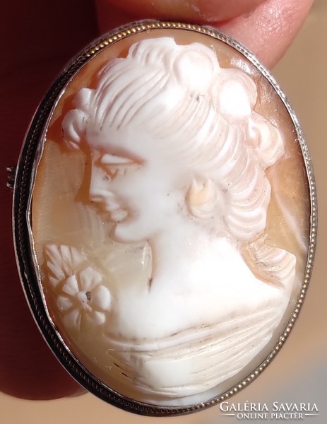 Kame, kame, cameo, silver frame pendant, brooch, badge