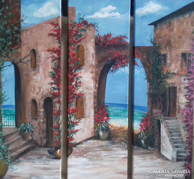 Painting of a Mediterranean Street Scene - 3-Part Landscape